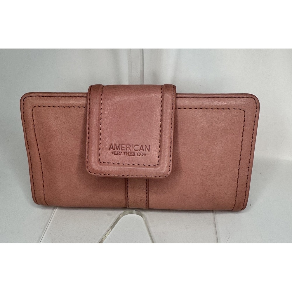 American Leather Co Pink Leather Wallet Checkbook Organizer Snap Closure